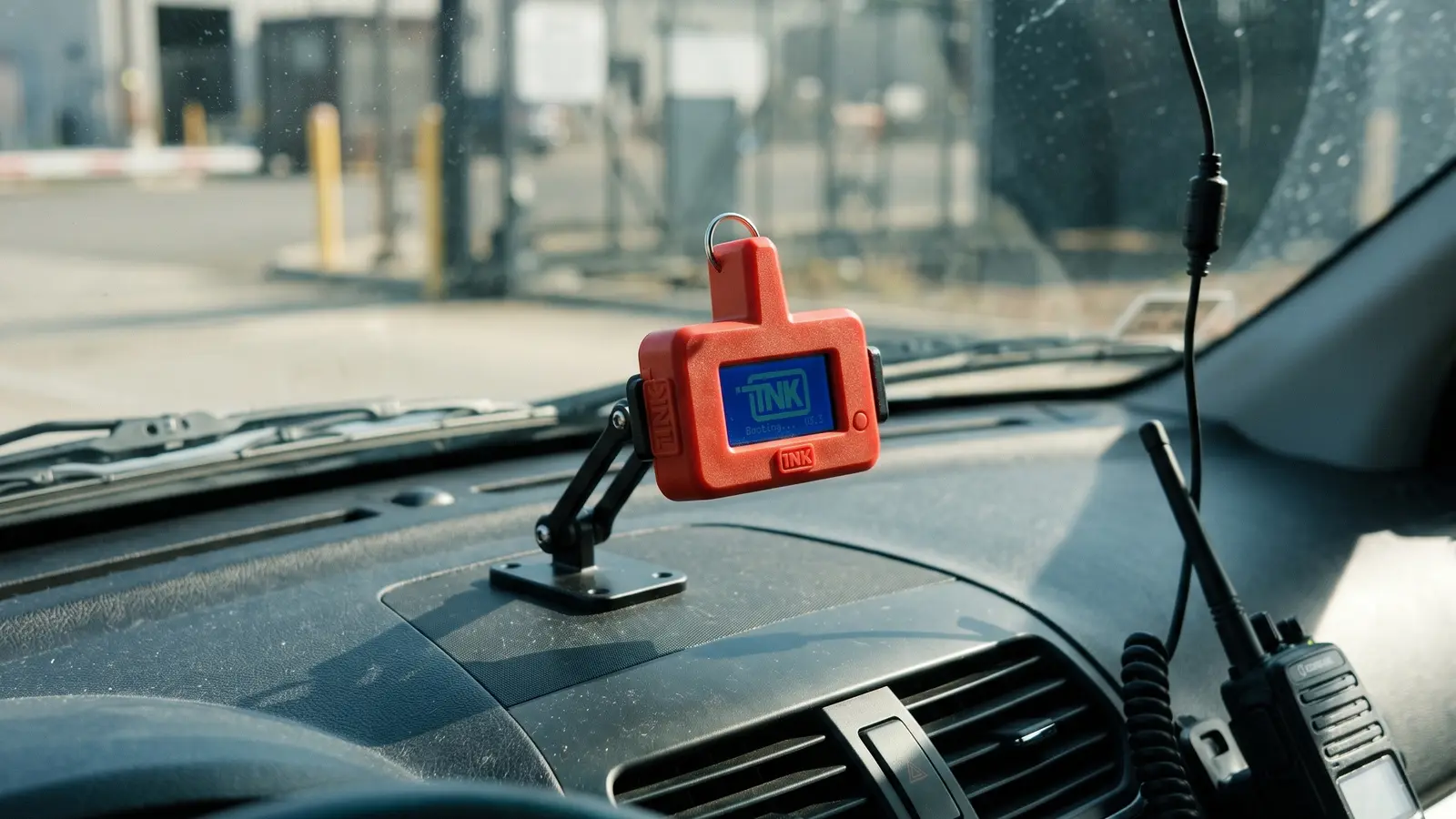 CarDefense Mobile sobre un soporte en el tablero de un vehículo, junto a la radio